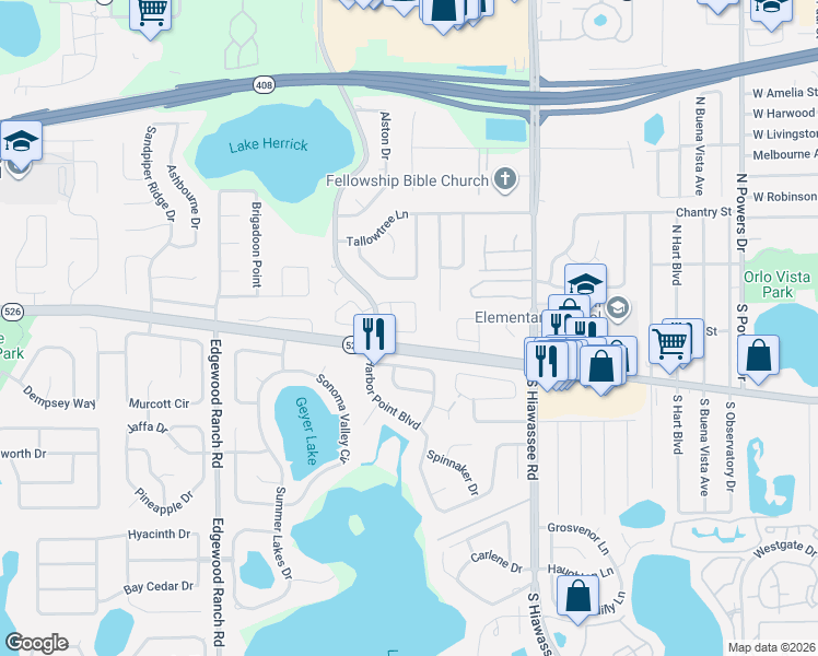 map of restaurants, bars, coffee shops, grocery stores, and more near 7251 Oak Meadows Circle in Orlando