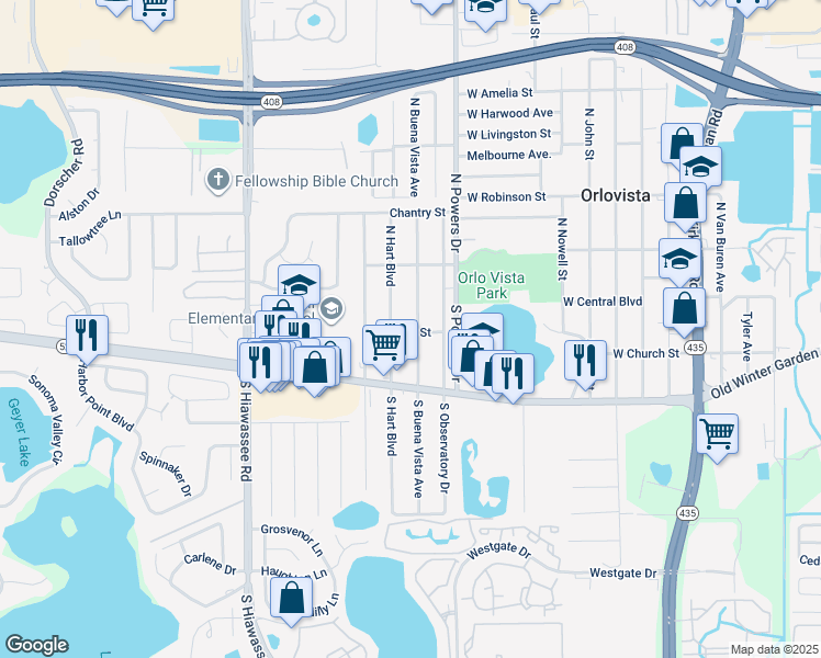 map of restaurants, bars, coffee shops, grocery stores, and more near 6405 Jansen Street in Orlando
