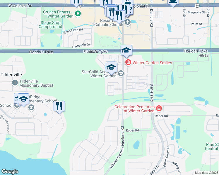 map of restaurants, bars, coffee shops, grocery stores, and more near 285 Winter Nellis in Winter Garden