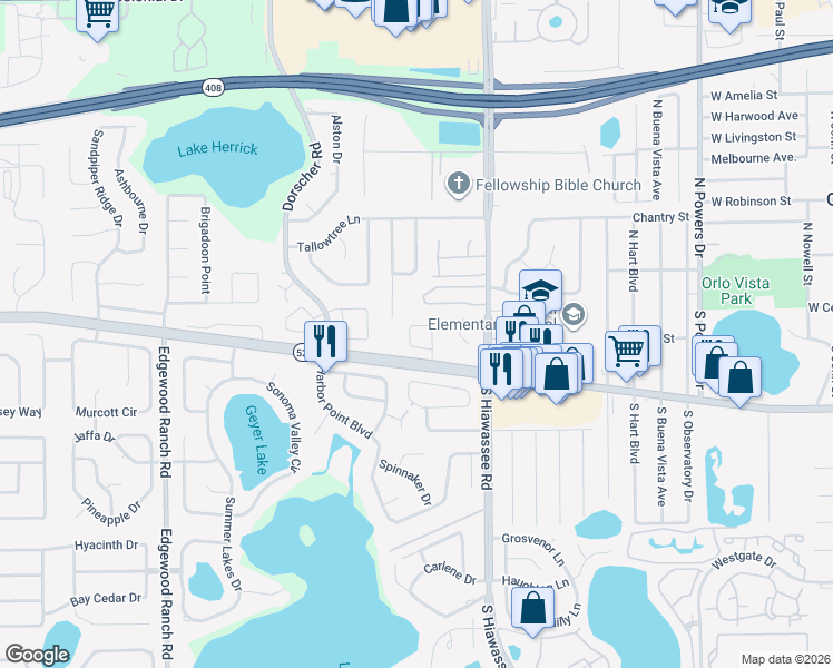 map of restaurants, bars, coffee shops, grocery stores, and more near 53 Winter Ridge Circle in Orlando