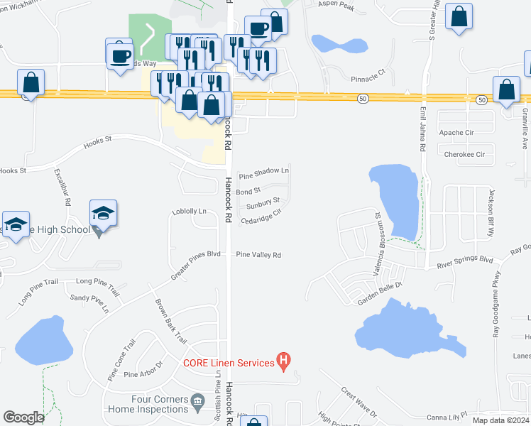 map of restaurants, bars, coffee shops, grocery stores, and more near 2696 Cedaridge Circle in Clermont
