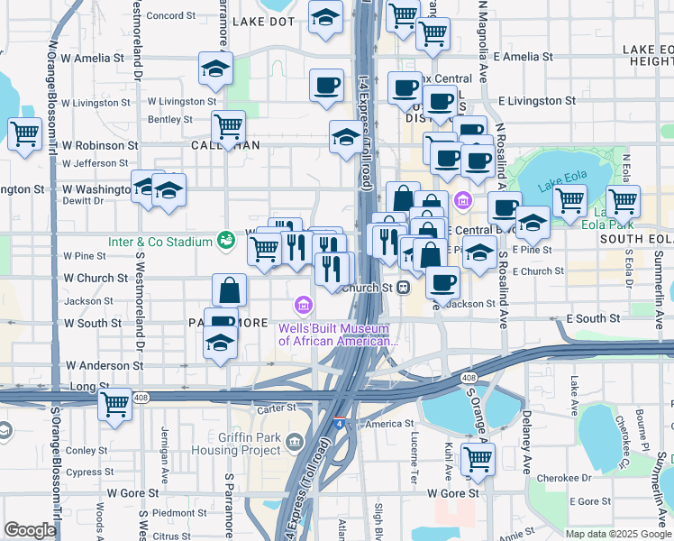 map of restaurants, bars, coffee shops, grocery stores, and more near 150 South Hughey Avenue in Orlando
