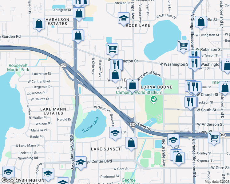 map of restaurants, bars, coffee shops, grocery stores, and more near 2103 West Church Street in Orlando