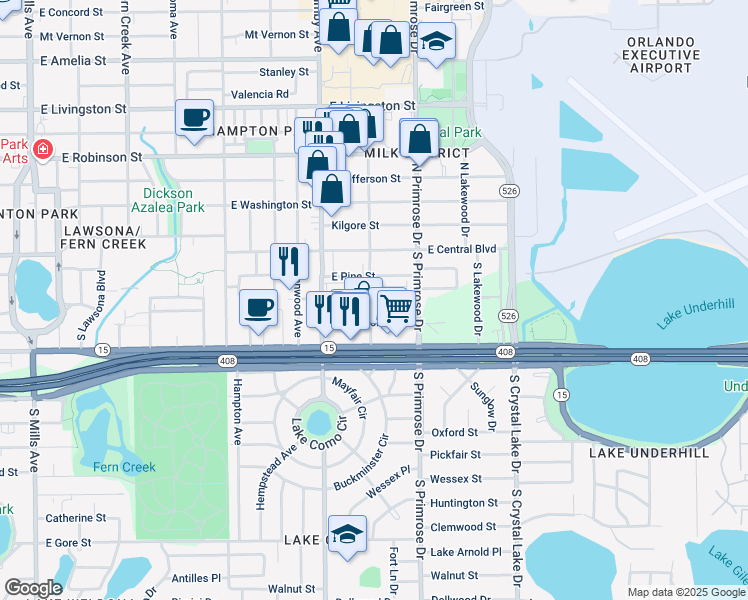 map of restaurants, bars, coffee shops, grocery stores, and more near 2600a East Church Street in Orlando
