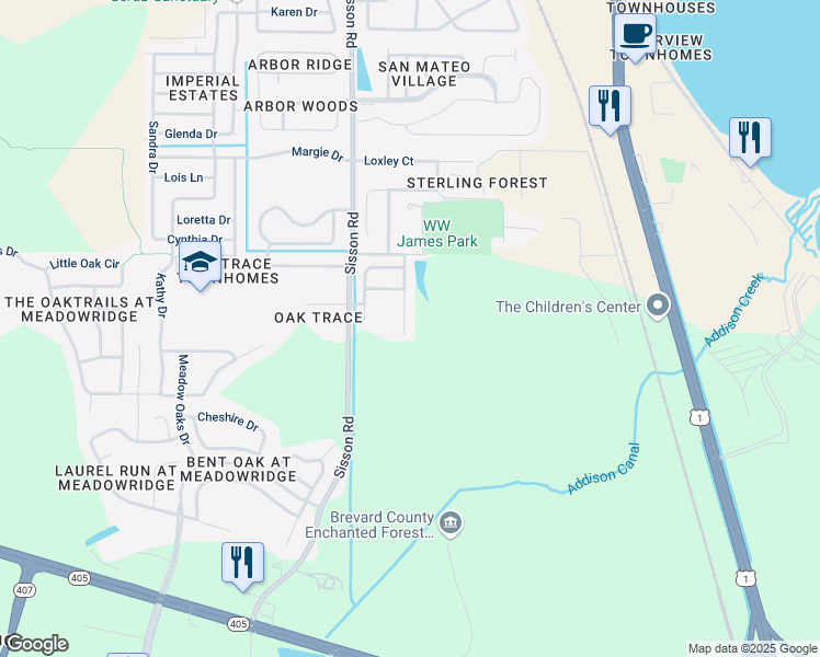 map of restaurants, bars, coffee shops, grocery stores, and more near 5673 Reagan Avenue in Titusville