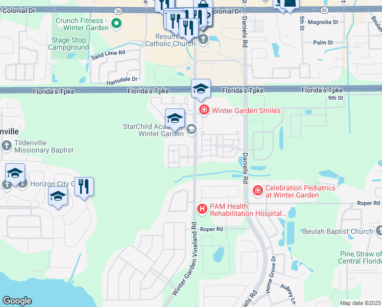 map of restaurants, bars, coffee shops, grocery stores, and more near 13729 Golden Russet Drive in Winter Garden