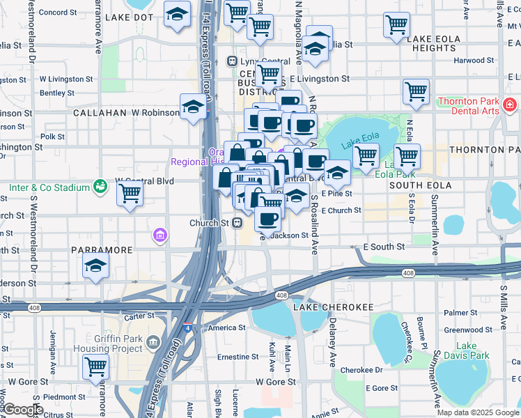 map of restaurants, bars, coffee shops, grocery stores, and more near in Orlando