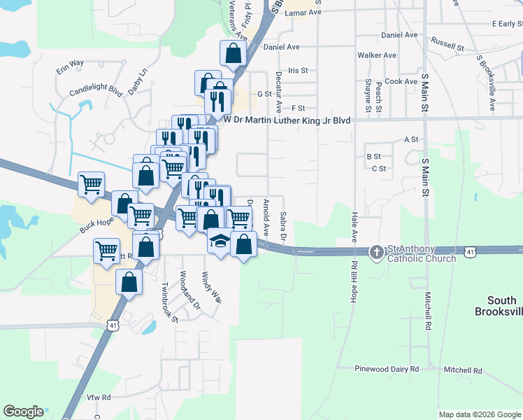 map of restaurants, bars, coffee shops, grocery stores, and more near 1510 Arnold Avenue in Brooksville