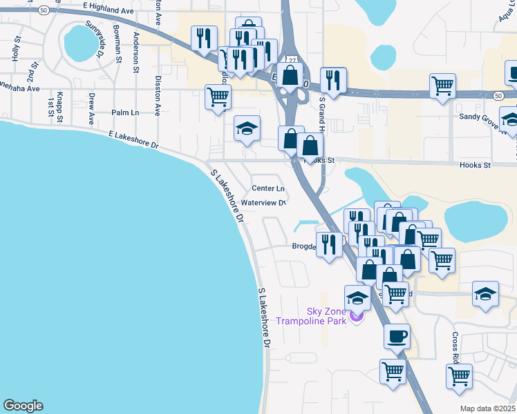 map of restaurants, bars, coffee shops, grocery stores, and more near 798 South Waterview Drive in Clermont