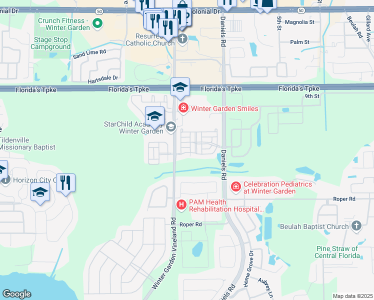 map of restaurants, bars, coffee shops, grocery stores, and more near 13762 Daniels Landing Circle in Winter Garden