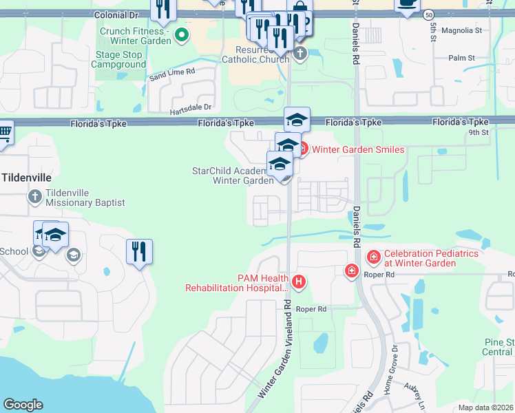 map of restaurants, bars, coffee shops, grocery stores, and more near 279 Winter Nellis Circle in Winter Garden