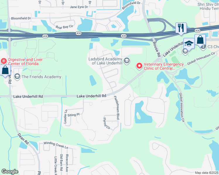 map of restaurants, bars, coffee shops, grocery stores, and more near 100 Fieldstream North Boulevard in Orlando