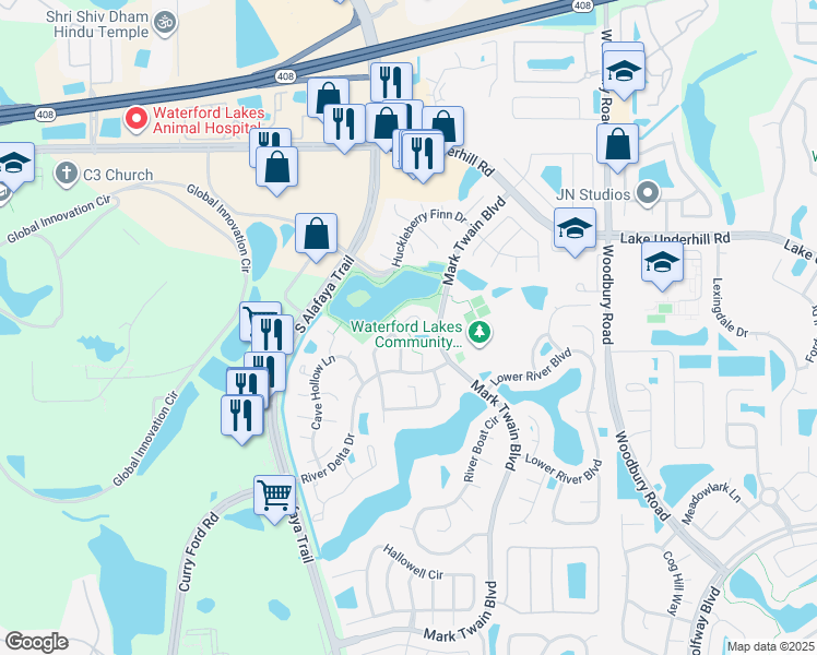 map of restaurants, bars, coffee shops, grocery stores, and more near 535 White River Drive in Orlando