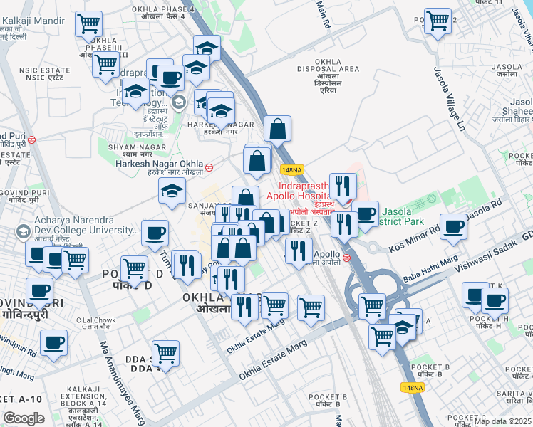 map of restaurants, bars, coffee shops, grocery stores, and more near in New Delhi