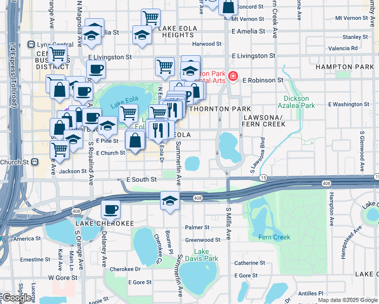 map of restaurants, bars, coffee shops, grocery stores, and more near 748 East Church Street in Orlando