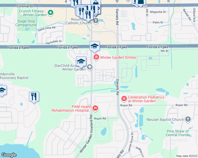 map of restaurants, bars, coffee shops, grocery stores, and more near 13762 Daniels Landing Circle in Winter Garden