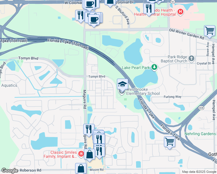 map of restaurants, bars, coffee shops, grocery stores, and more near 550 Tomyn Boulevard in Ocoee
