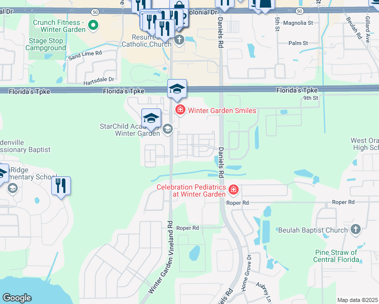 map of restaurants, bars, coffee shops, grocery stores, and more near 236 Deepcove Road in Winter Garden
