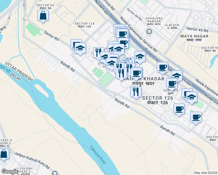 map of restaurants, bars, coffee shops, grocery stores, and more near in Noida