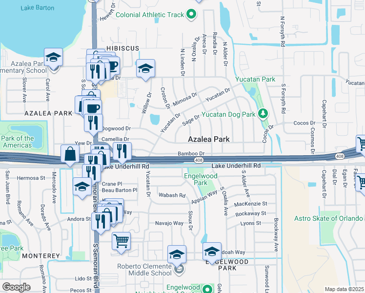map of restaurants, bars, coffee shops, grocery stores, and more near 6016 Dogwood Drive in Orlando