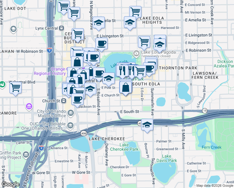 map of restaurants, bars, coffee shops, grocery stores, and more near 329 East Church Street in Orlando