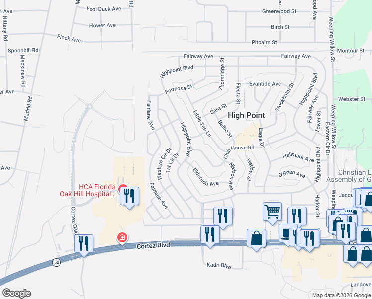 map of restaurants, bars, coffee shops, grocery stores, and more near 12024 Club House Road in Brooksville