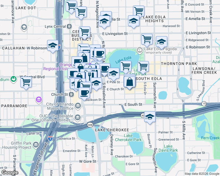 map of restaurants, bars, coffee shops, grocery stores, and more near 191 South Rosalind Avenue in Orlando
