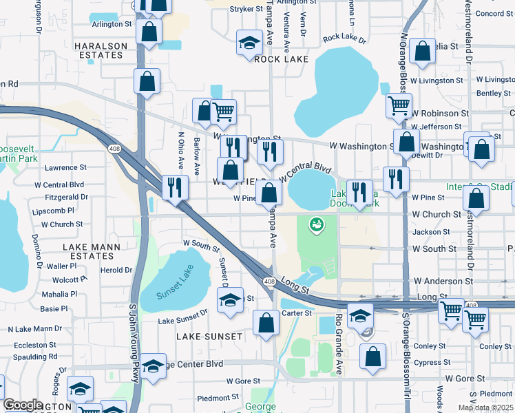 map of restaurants, bars, coffee shops, grocery stores, and more near 2019 West Church Street in Orlando