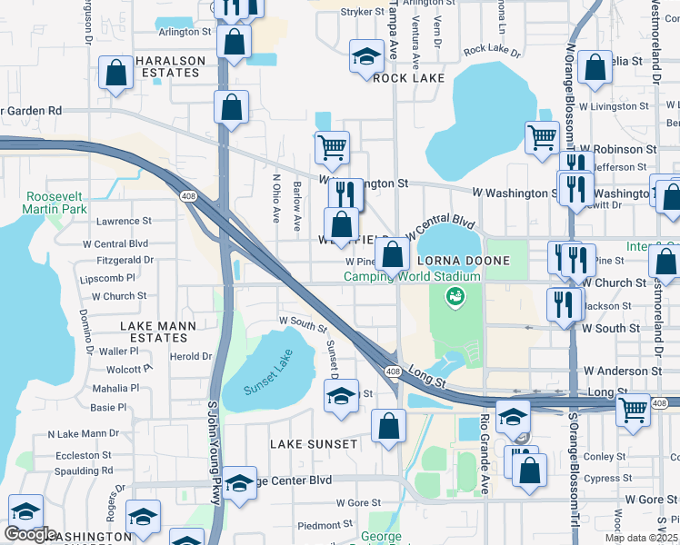 map of restaurants, bars, coffee shops, grocery stores, and more near 2103 West Church Street in Orlando