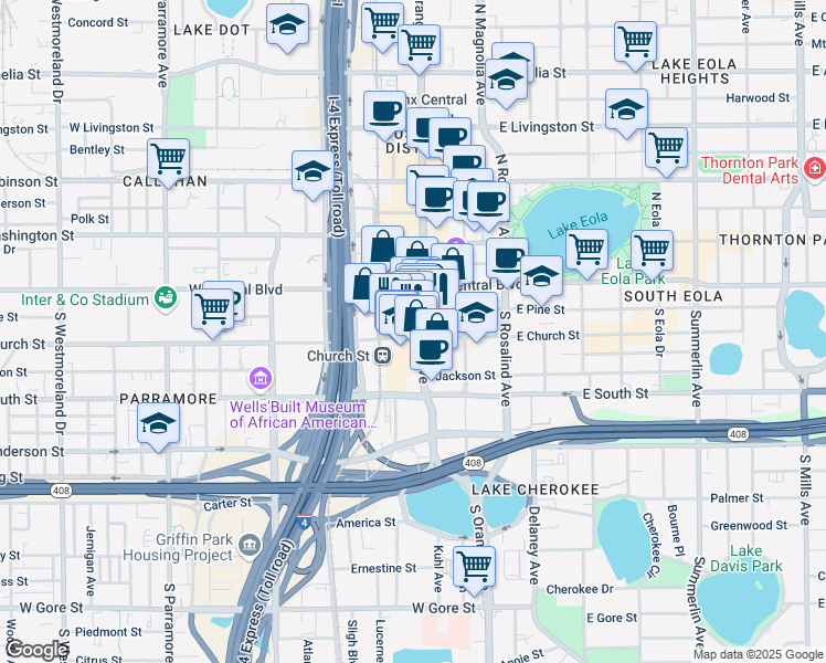 map of restaurants, bars, coffee shops, grocery stores, and more near 200 South Orange Avenue in Orlando