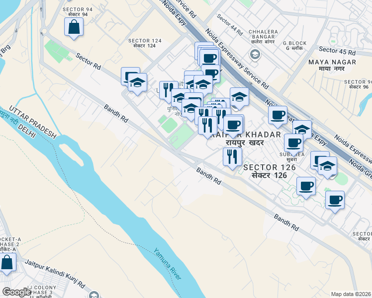 map of restaurants, bars, coffee shops, grocery stores, and more near in Noida