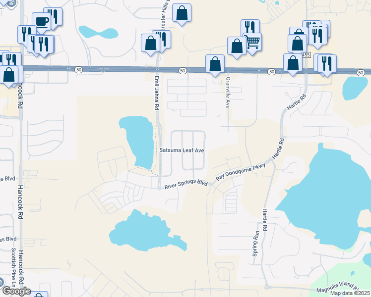 map of restaurants, bars, coffee shops, grocery stores, and more near 3411 Florigold Grove Street in Clermont