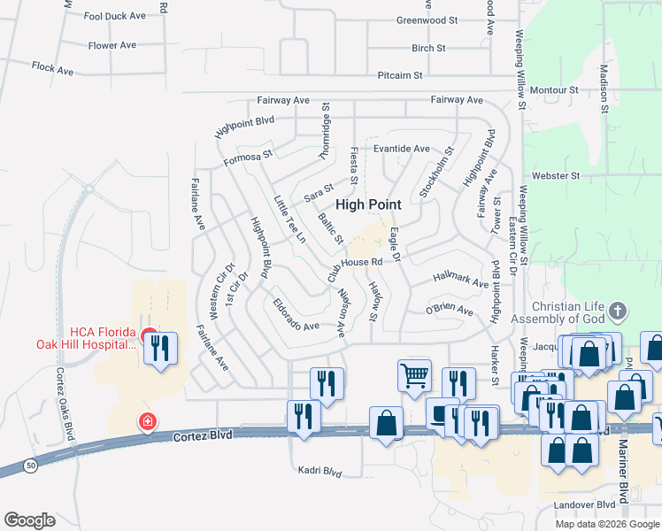 map of restaurants, bars, coffee shops, grocery stores, and more near 12186 Club House Road in Brooksville