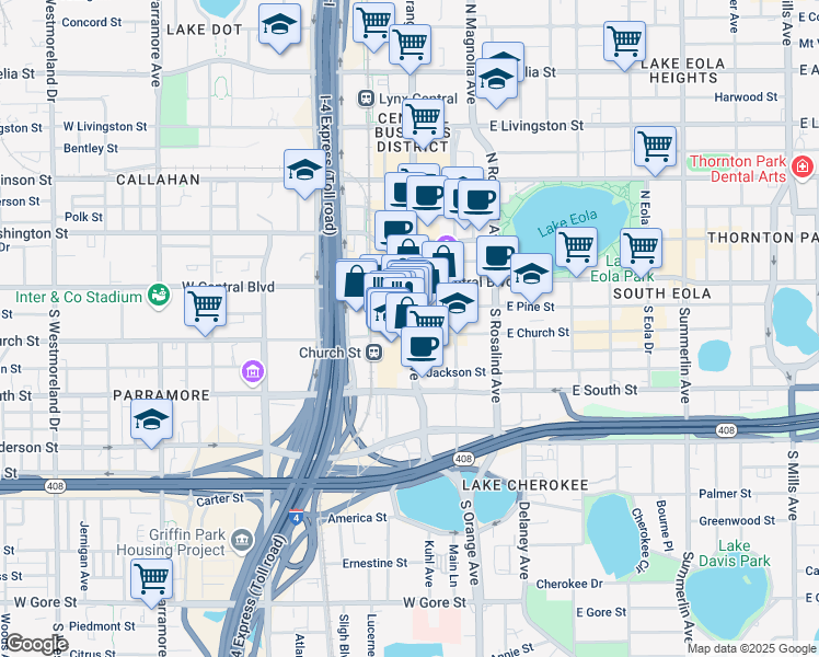 map of restaurants, bars, coffee shops, grocery stores, and more near 200 South Orange Avenue in Orlando