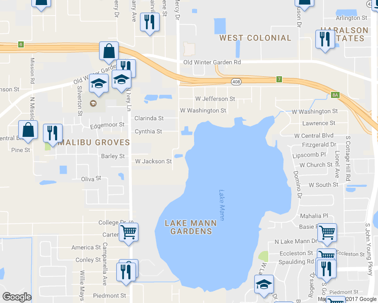 map of restaurants, bars, coffee shops, grocery stores, and more near 101 South Ortman Drive in Orlando
