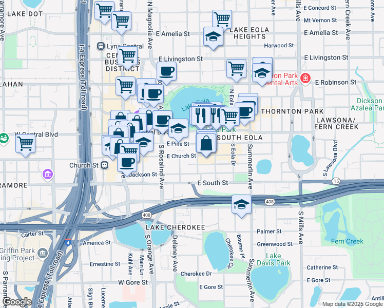 map of restaurants, bars, coffee shops, grocery stores, and more near 323 East Church Street in Orlando