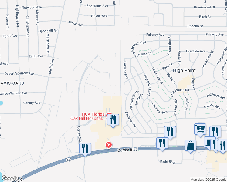 map of restaurants, bars, coffee shops, grocery stores, and more near 7471 Dearborn Avenue in Brooksville