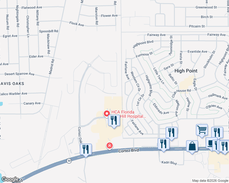 map of restaurants, bars, coffee shops, grocery stores, and more near 7471 Dearborn Avenue in Brooksville