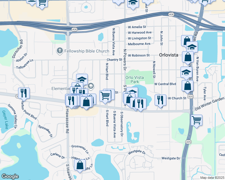 map of restaurants, bars, coffee shops, grocery stores, and more near 6405 Jansen Street in Orlando