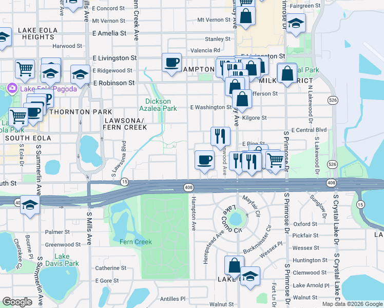 map of restaurants, bars, coffee shops, grocery stores, and more near 2008 Forest Circle in Orlando