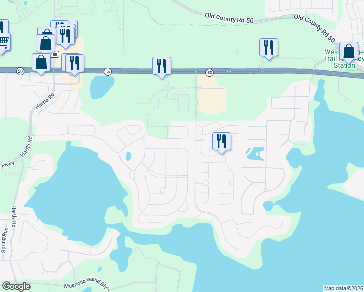 map of restaurants, bars, coffee shops, grocery stores, and more near 17194 Hickory Wind Drive in Clermont