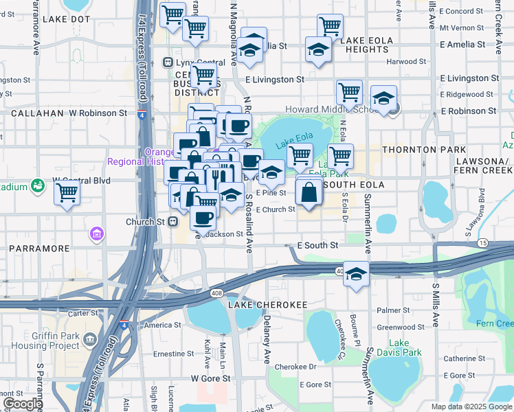 map of restaurants, bars, coffee shops, grocery stores, and more near 191 South Rosalind Avenue in Orlando
