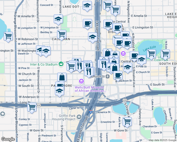 map of restaurants, bars, coffee shops, grocery stores, and more near 150 South Hughey Avenue in Orlando