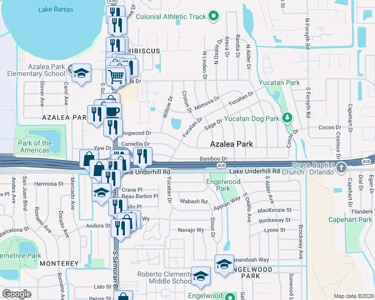 map of restaurants, bars, coffee shops, grocery stores, and more near 5940 Dogwood Dr in Orlando