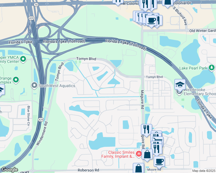 map of restaurants, bars, coffee shops, grocery stores, and more near 323 Highbrooke Boulevard in Ocoee