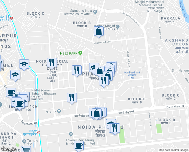 map of restaurants, bars, coffee shops, grocery stores, and more near in Noida