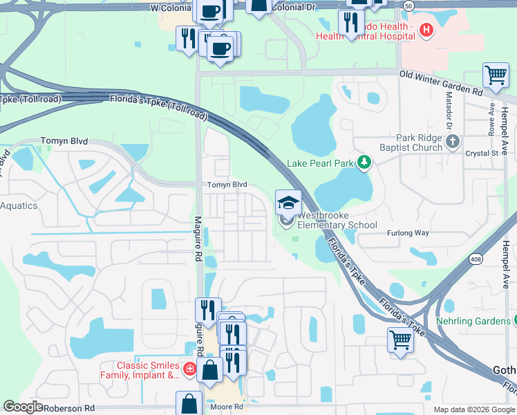 map of restaurants, bars, coffee shops, grocery stores, and more near 550 Tomyn Boulevard in Ocoee