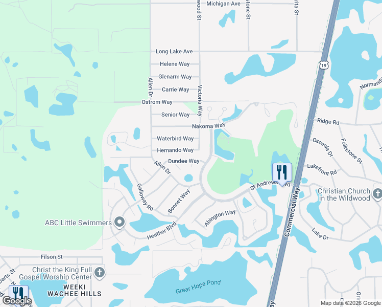 map of restaurants, bars, coffee shops, grocery stores, and more near 9038 Hernando Way in Spring Hill