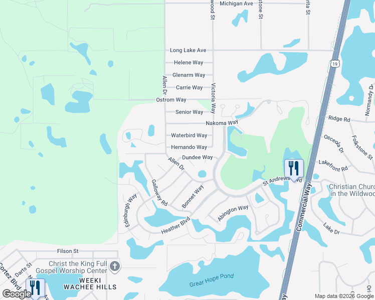 map of restaurants, bars, coffee shops, grocery stores, and more near 7507 Dundee Way in Spring Hill