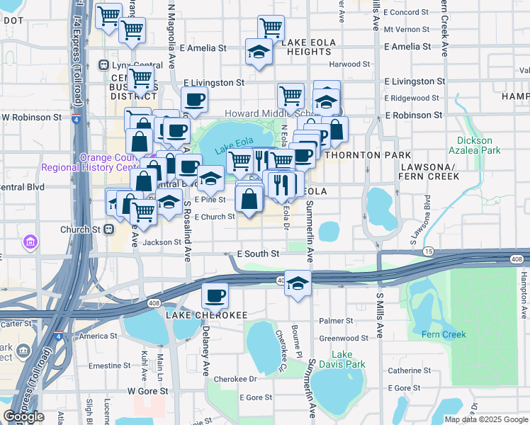 map of restaurants, bars, coffee shops, grocery stores, and more near in Orlando